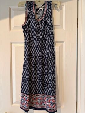 Max Studio Navy Printed Midi Dress with Red Border